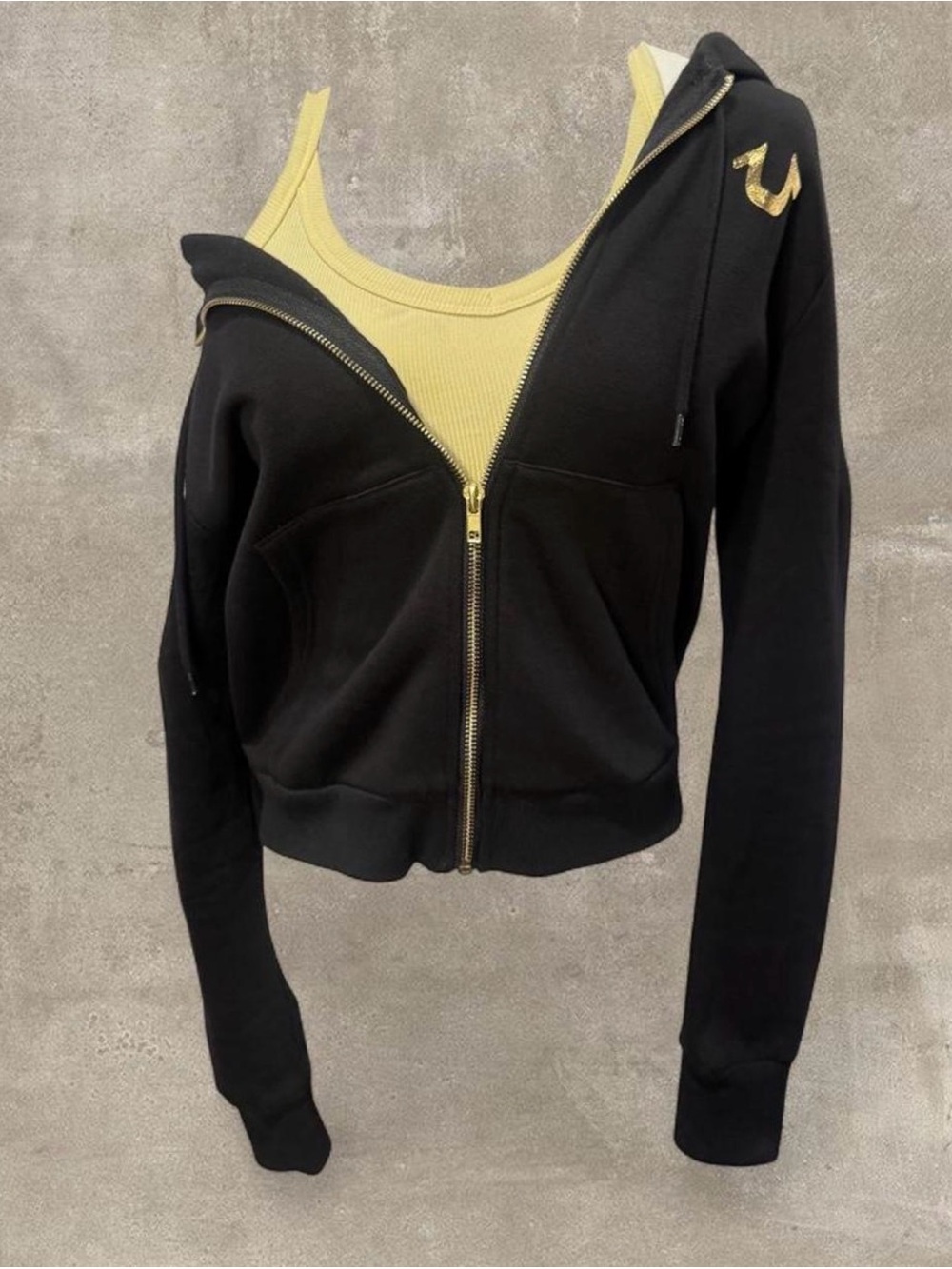 Black True Religion body crop zip up hoodie with gold logo, size small